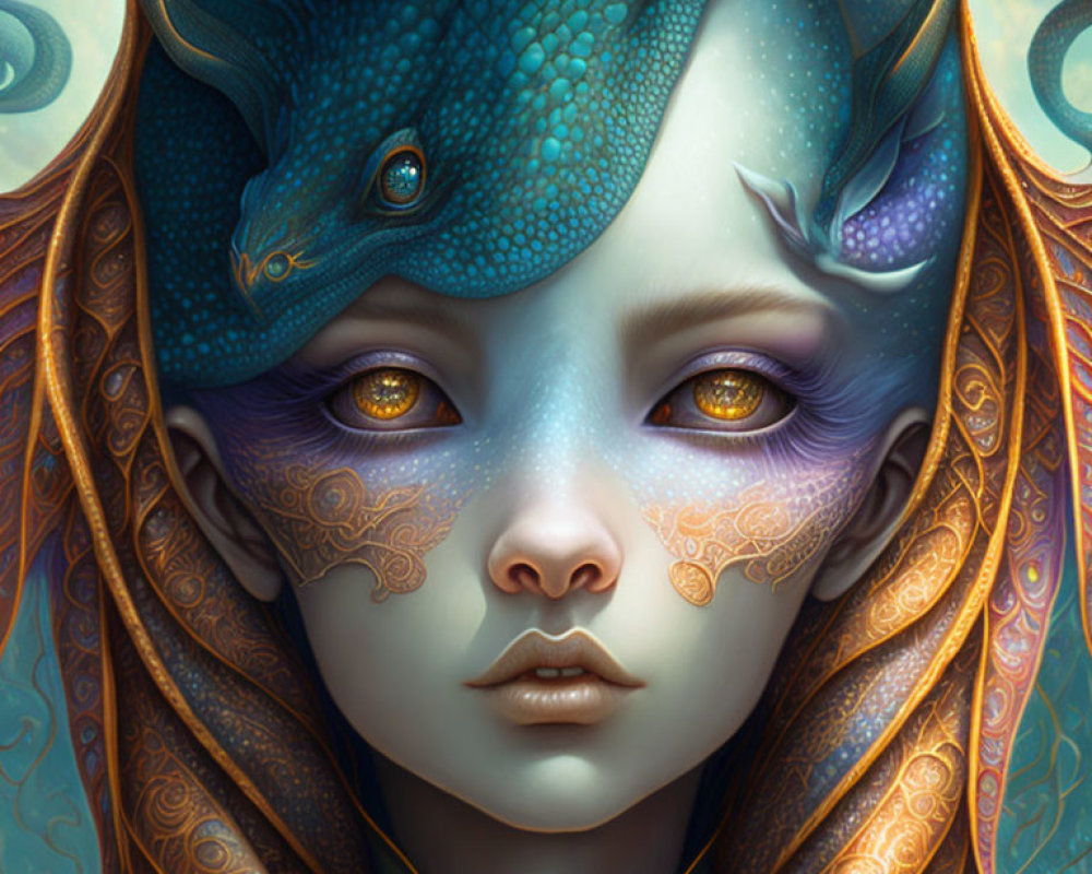 Fantasy portrait of female figure with blue dragon features and golden eyes