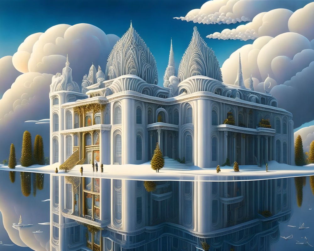 Fantasy-style palace with spires reflected in serene water, surrounded by sculpted trees under fluffy clouds