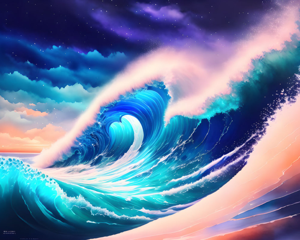 Colorful digital artwork: Large wave with swirl pattern under star-filled sky