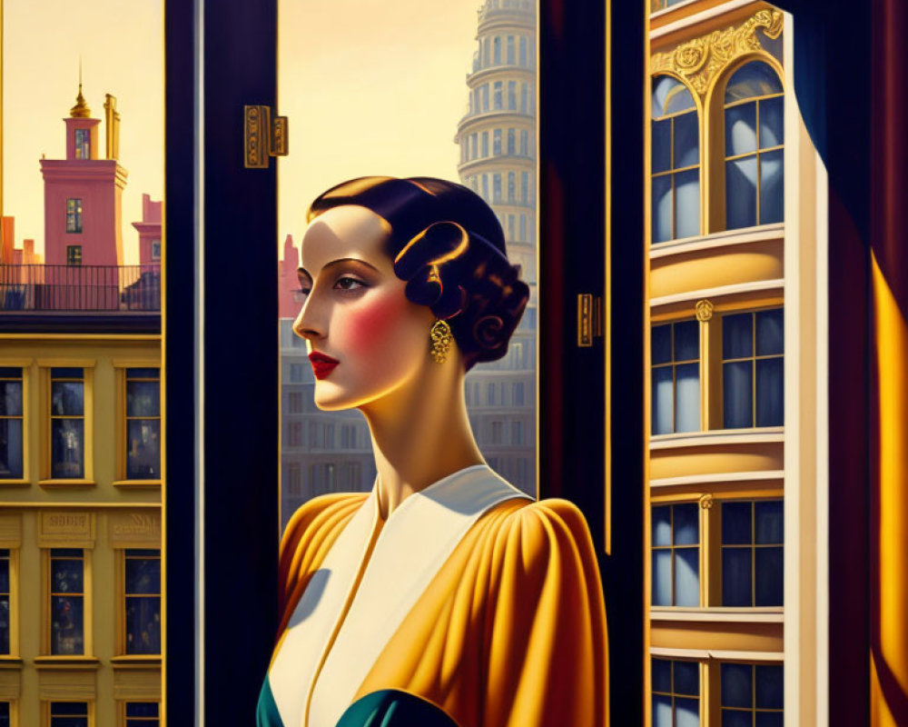 Stylized painting of elegant woman by open window in urban setting