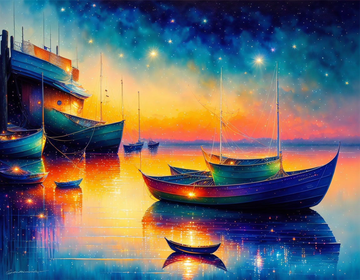 Colorful painting: Boats on tranquil water under starry sunset sky