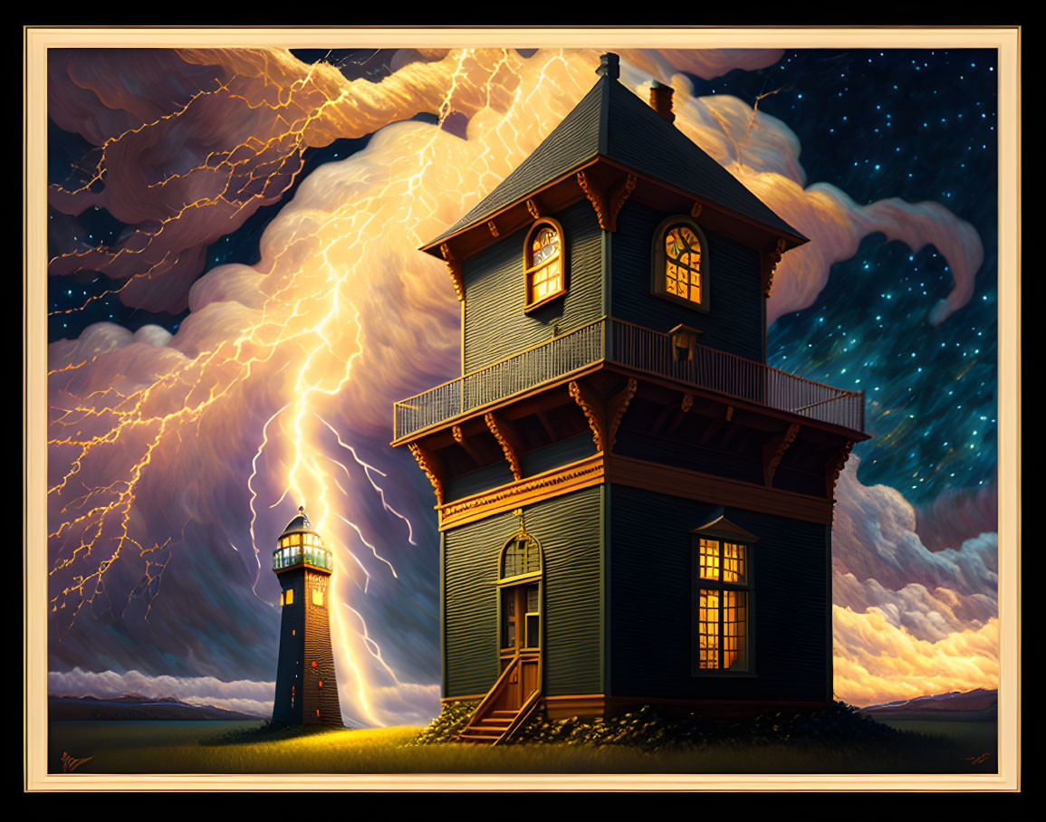 Surreal artwork of Victorian house with lighthouse under starry sky