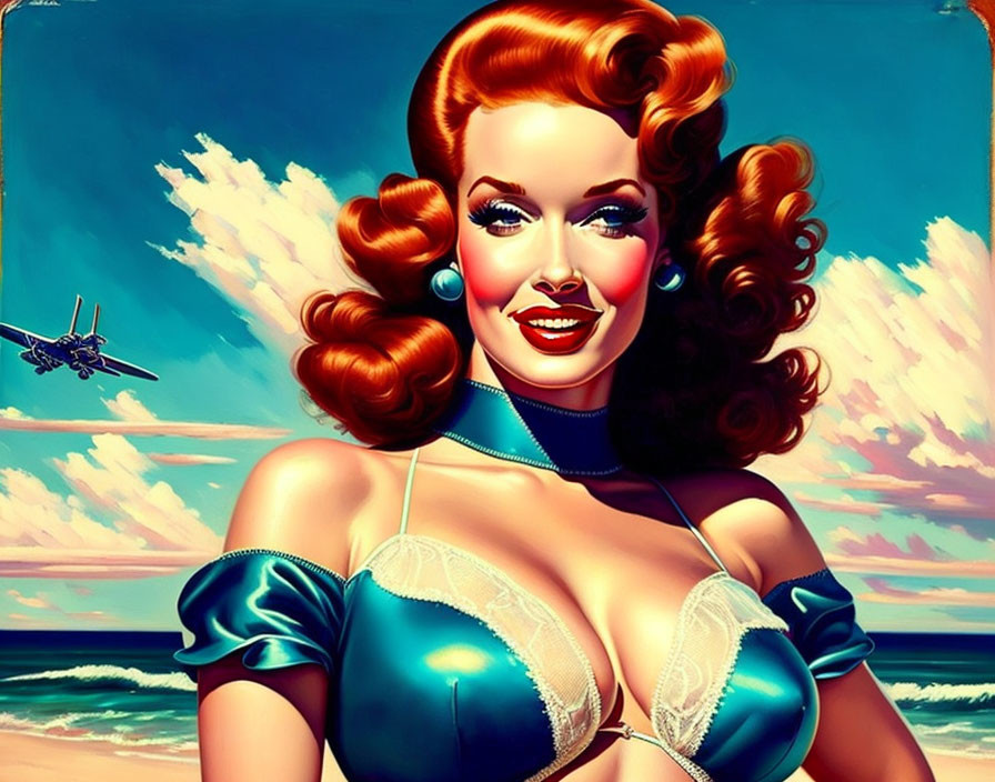 Smiling woman with red hair in vintage-style beach illustration