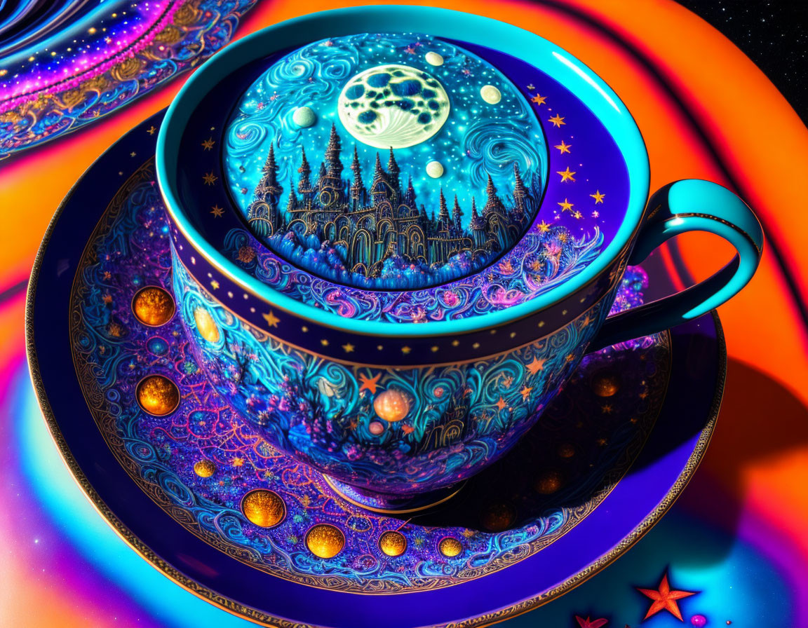 Colorful Cosmic-Themed Teacup and Saucer with Celestial Design