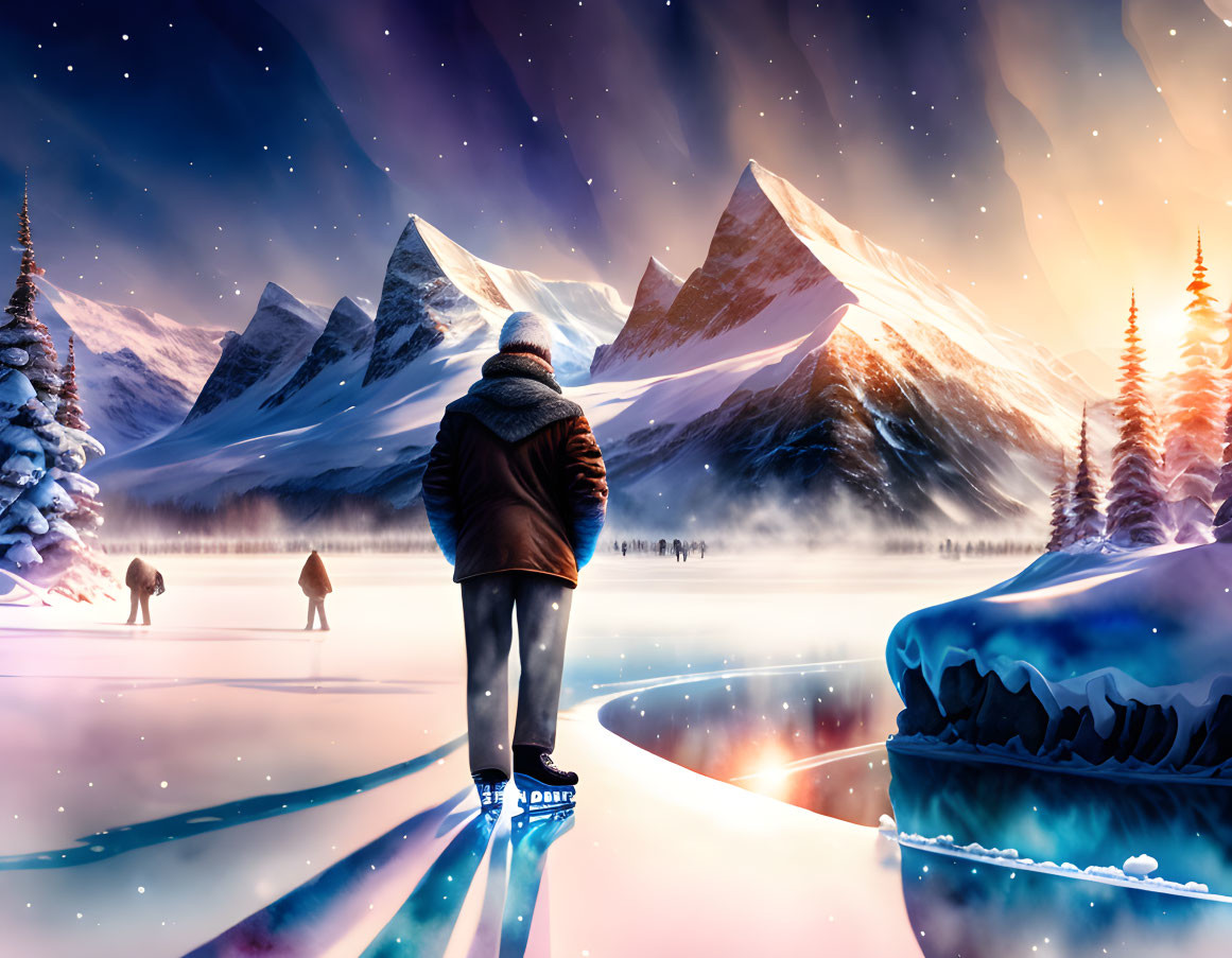 Person ice skating on frozen lake with snow-covered mountains, pine trees, and vibrant aurora.