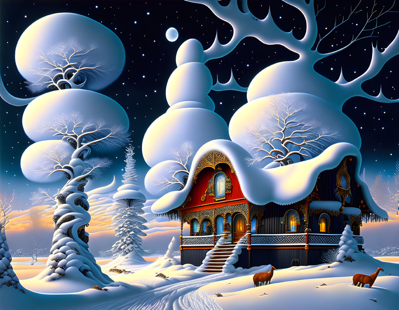 Snow-covered trees, festive cottage, deer grazing in serene winter scene