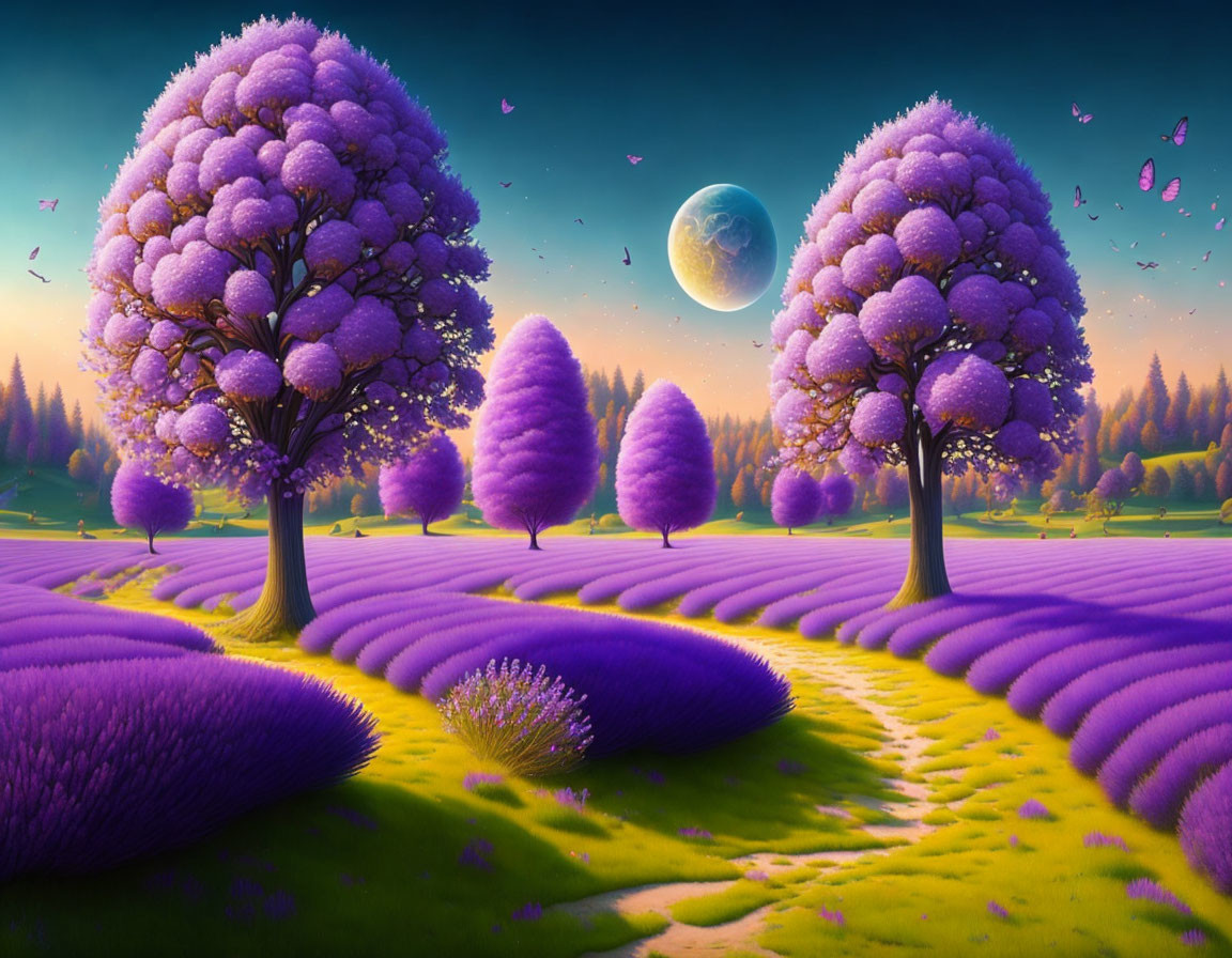 Vibrant purple trees, yellow path, large moon in whimsical landscape