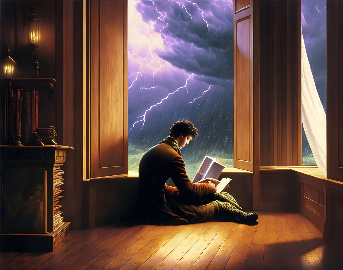 Person reading by open window during storm with fireplace.