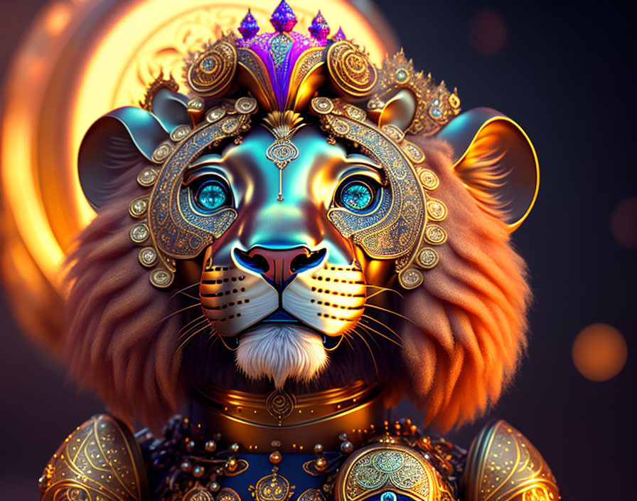 Detailed Illustration: Majestic Lion in Golden Armor and Jewelry