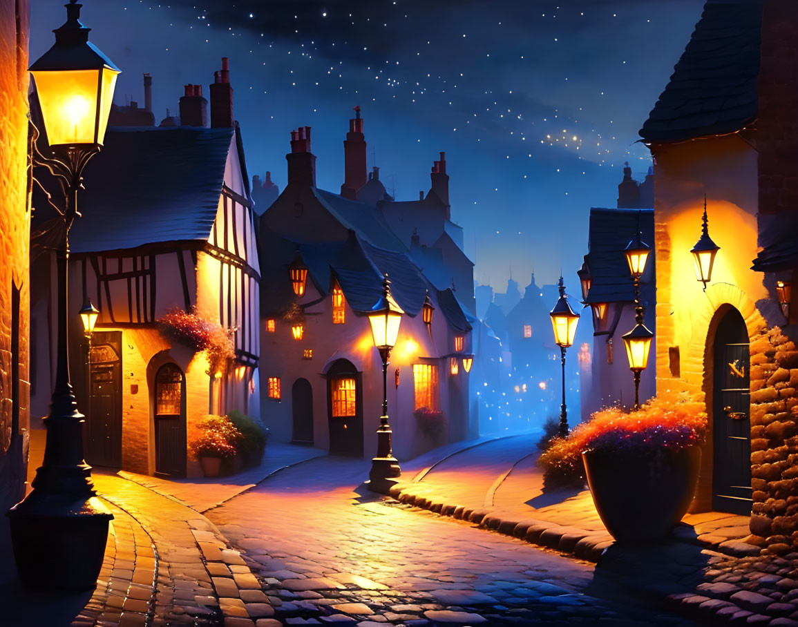 Quaint town cobblestone street at night with warm lanterns and twinkling stars