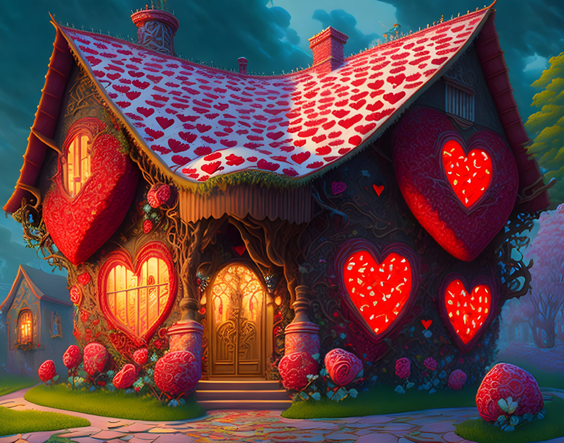 Charming house with heart-shaped decorations under magical night sky