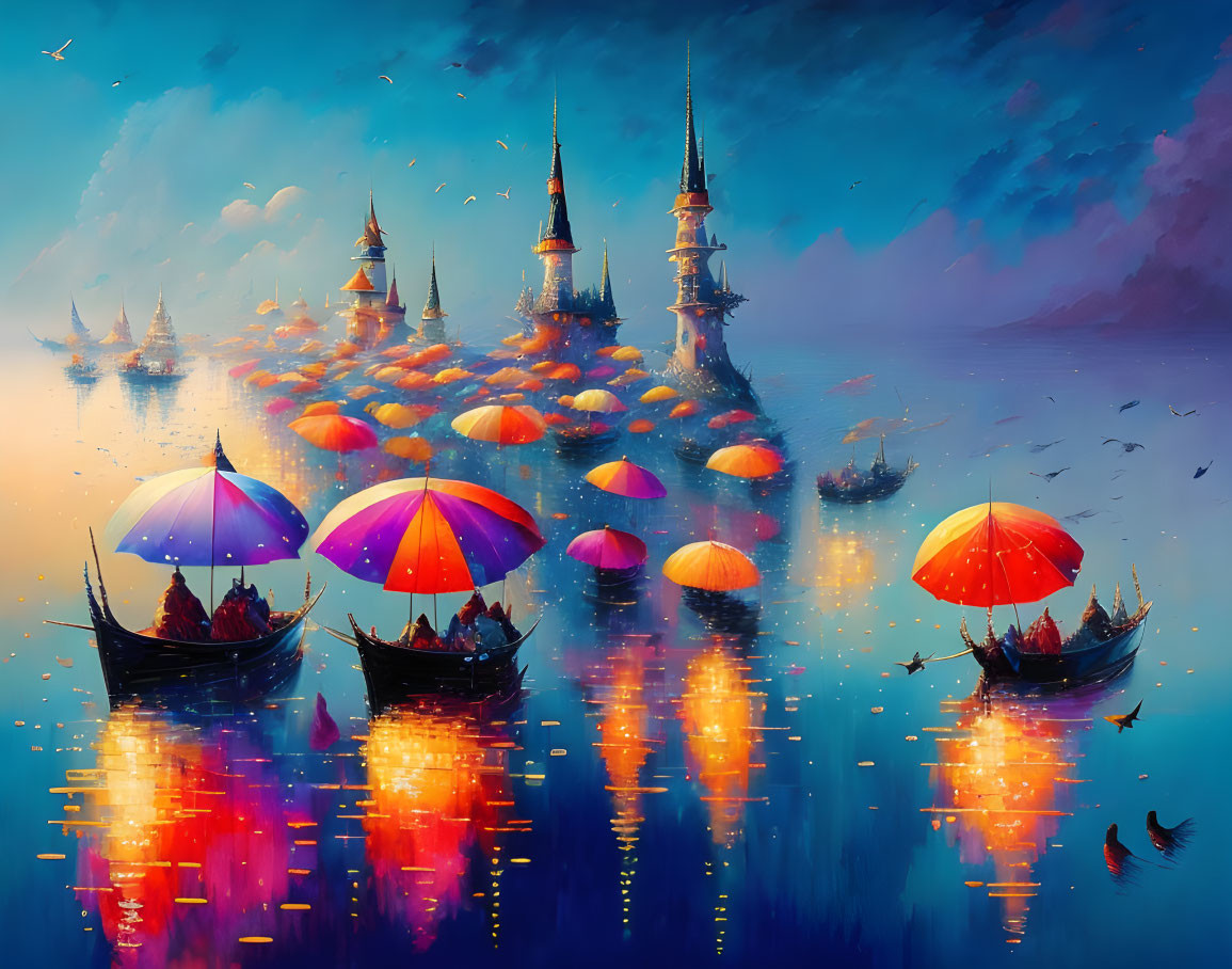 Vibrant boats with umbrellas on reflective water near distant castle under colorful sky