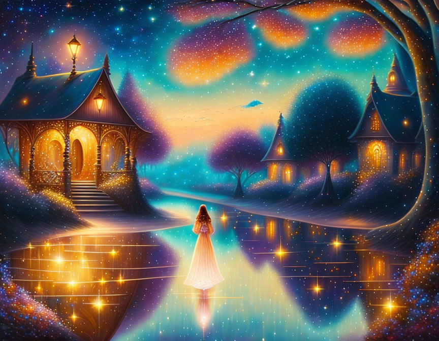 Woman in white dress on sparkling path under starry sky with illuminated houses and reflections.