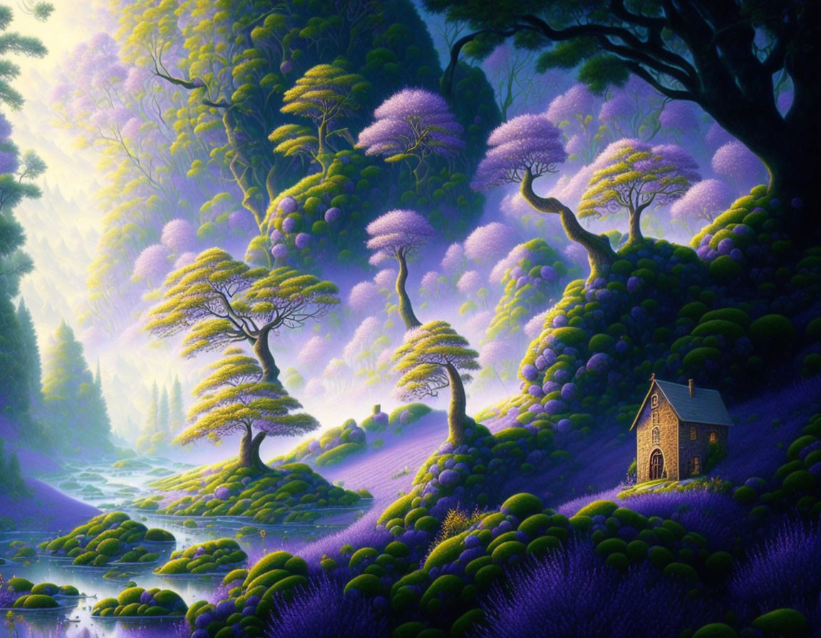 Fantasy landscape with purple foliage, yellow trees, river, and stone house