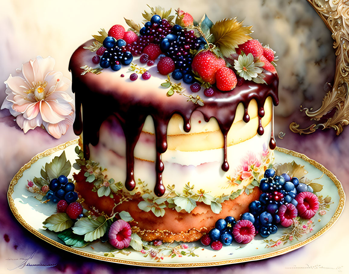 Elegant cake with white icing, chocolate ganache, fresh berries, and flowers