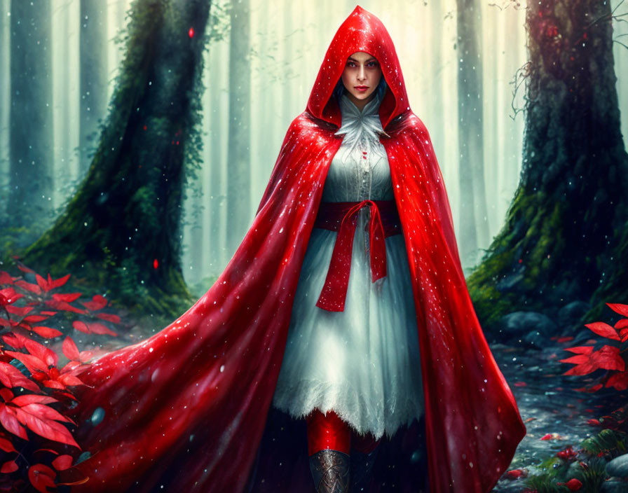 Person in red cloak in mystical forest with red foliage and ethereal light.