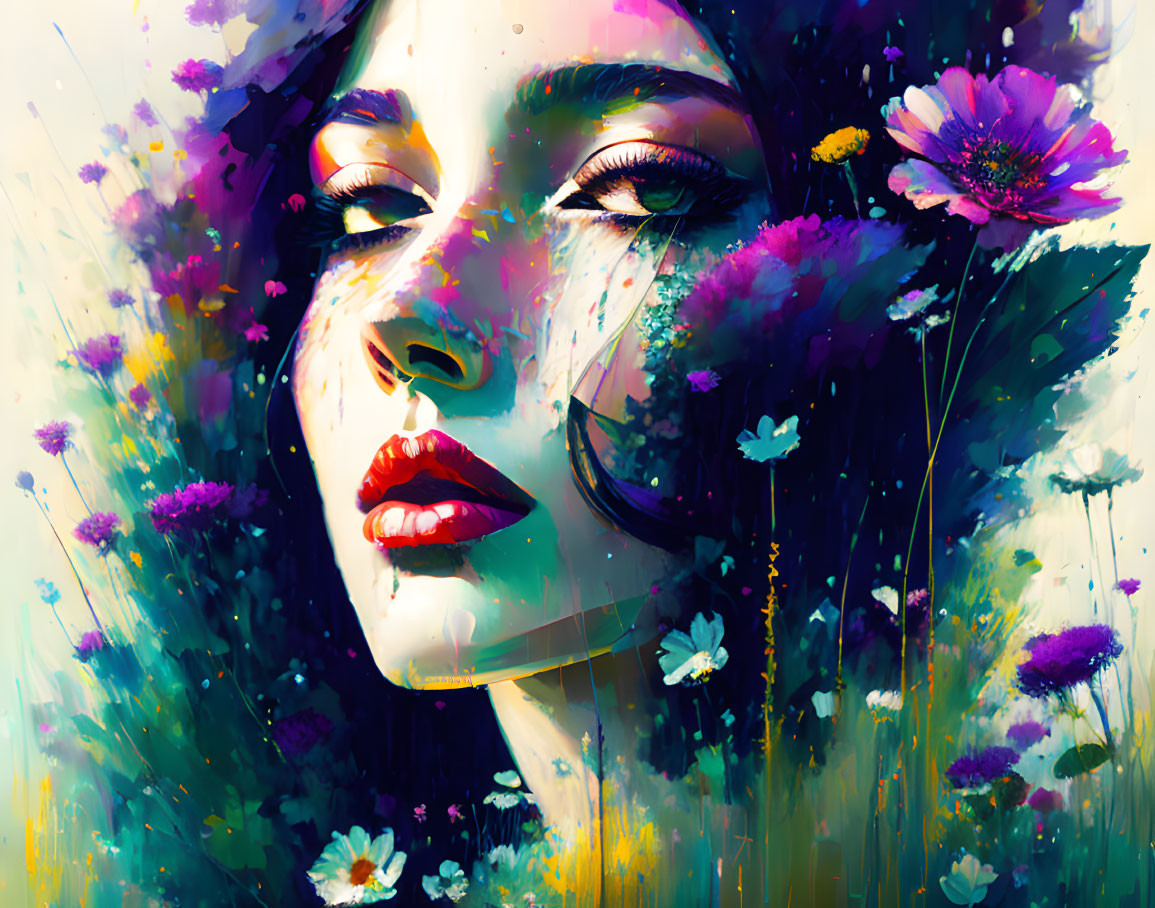 Vibrant digital painting: woman's face with flowers and butterflies