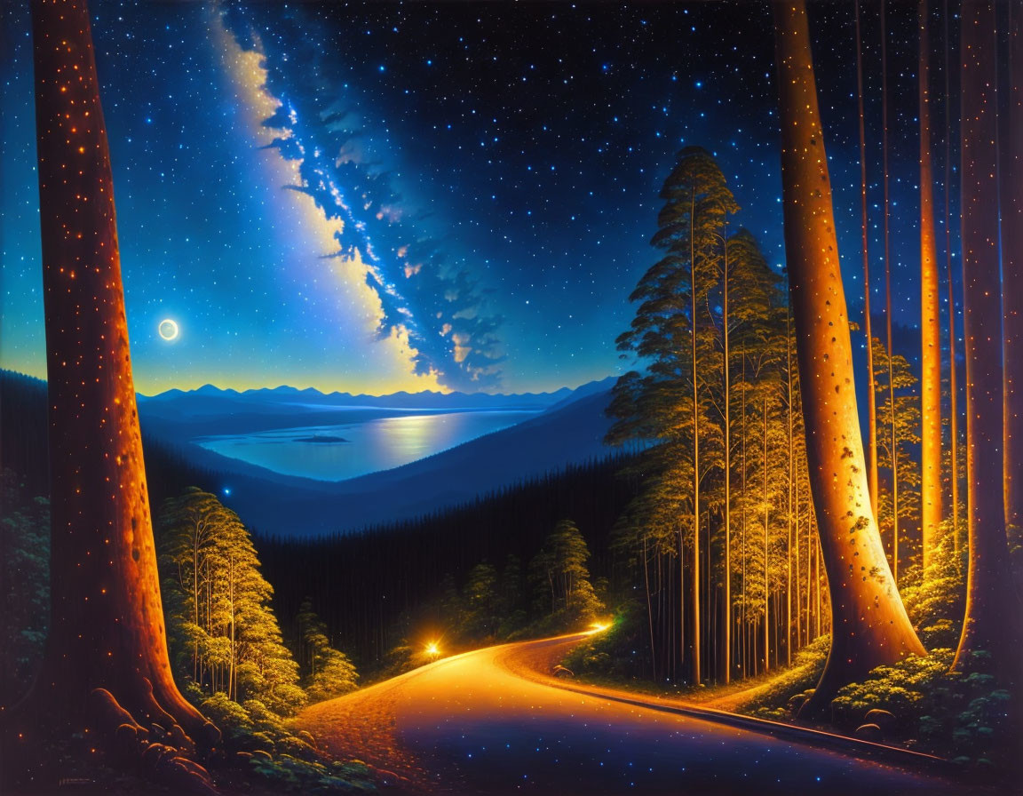 Serene night landscape: winding road through forest, tall trees, starry sky, crescent moon