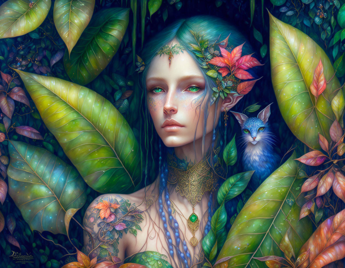 Fantasy illustration of woman with green foliage, flowers, and mystical blue cat in lush setting