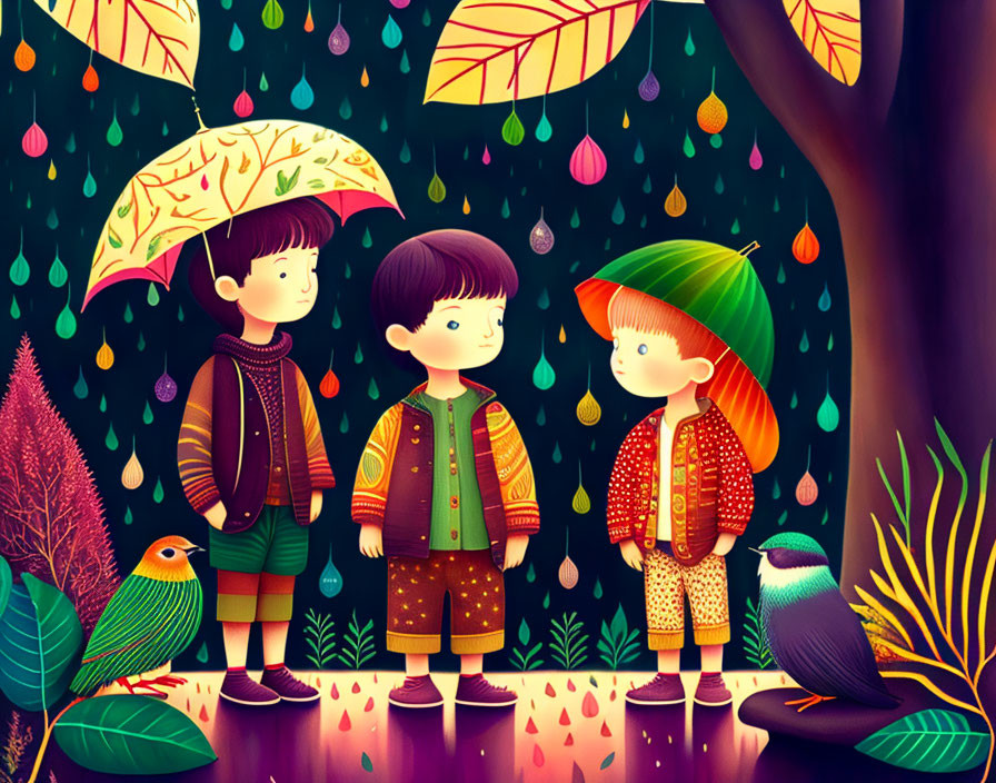 Illustrated children with umbrellas in colorful rain with falling leaves and stylized birds.