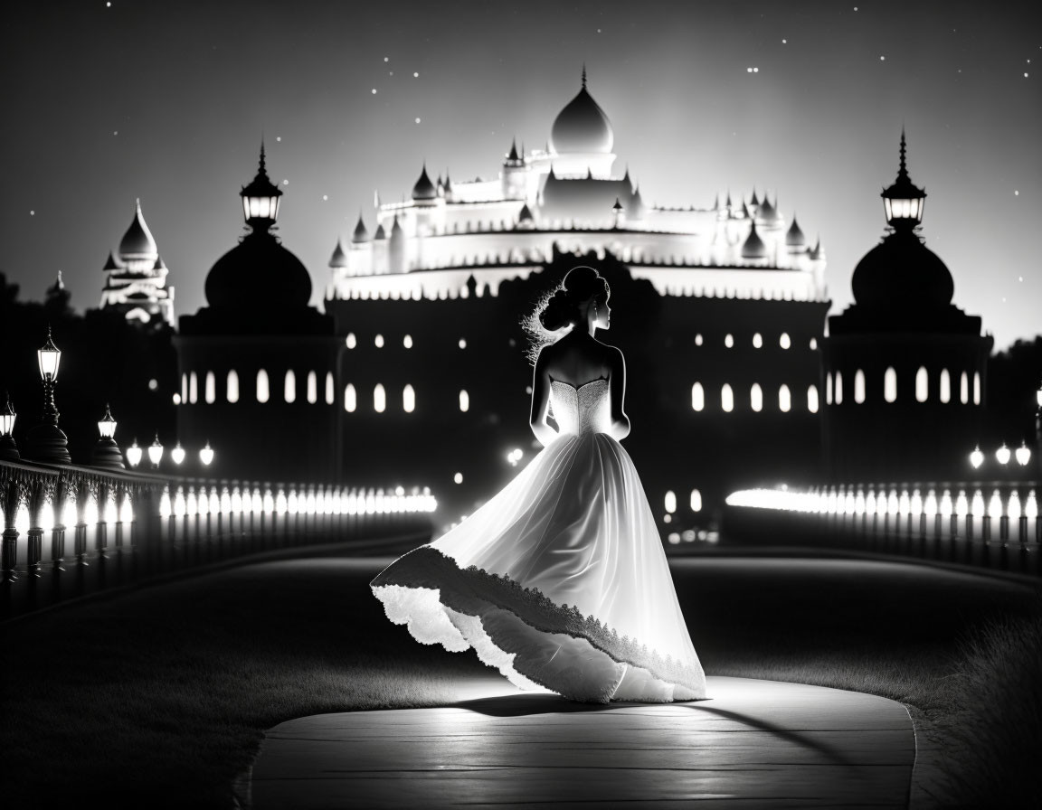 Monochrome image: Woman in gown gazes at lit palace at night