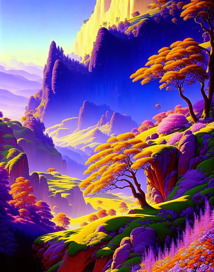 Colorful fantasy landscape with golden trees, purple foliage, waterfalls, cliffs.