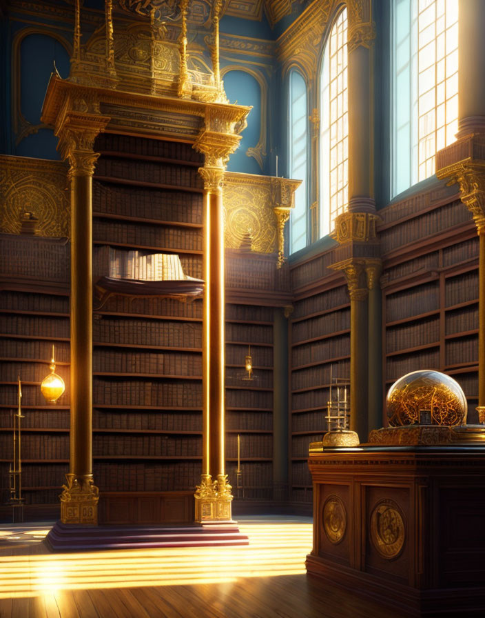 Classical library with golden shelves and globe in sunlight