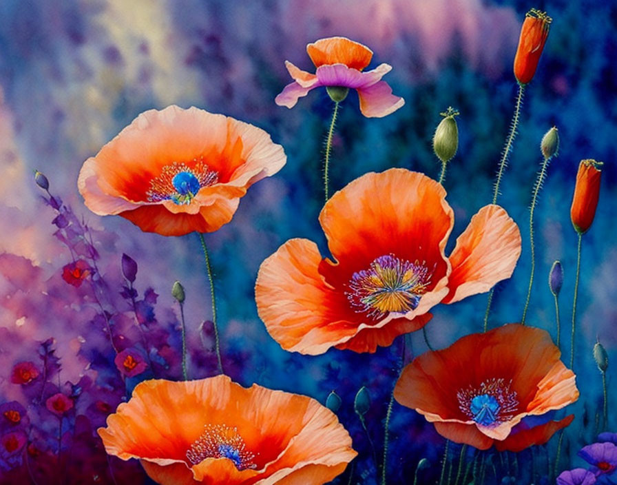 Detailed Red and Pink Poppies on Dreamy Floral Background