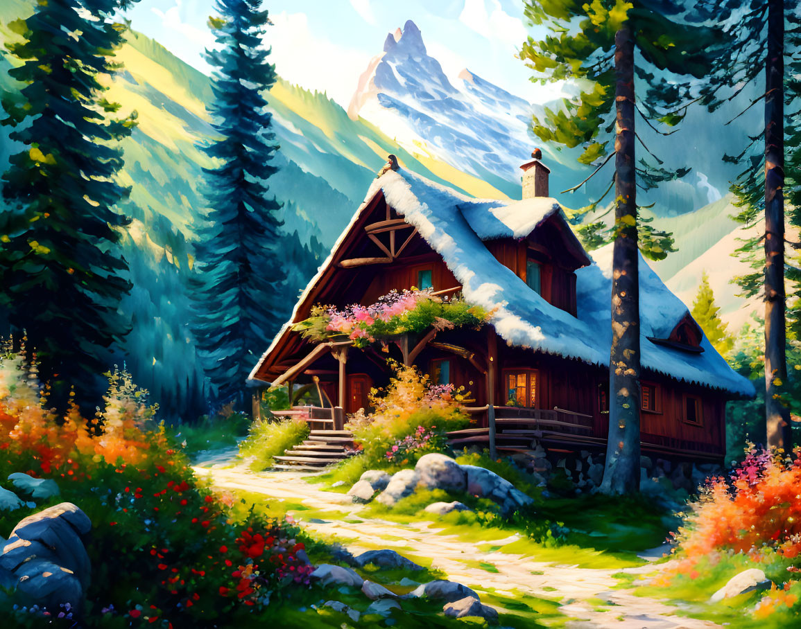 Mountain cabin nestled in lush forest with snow-capped peaks.