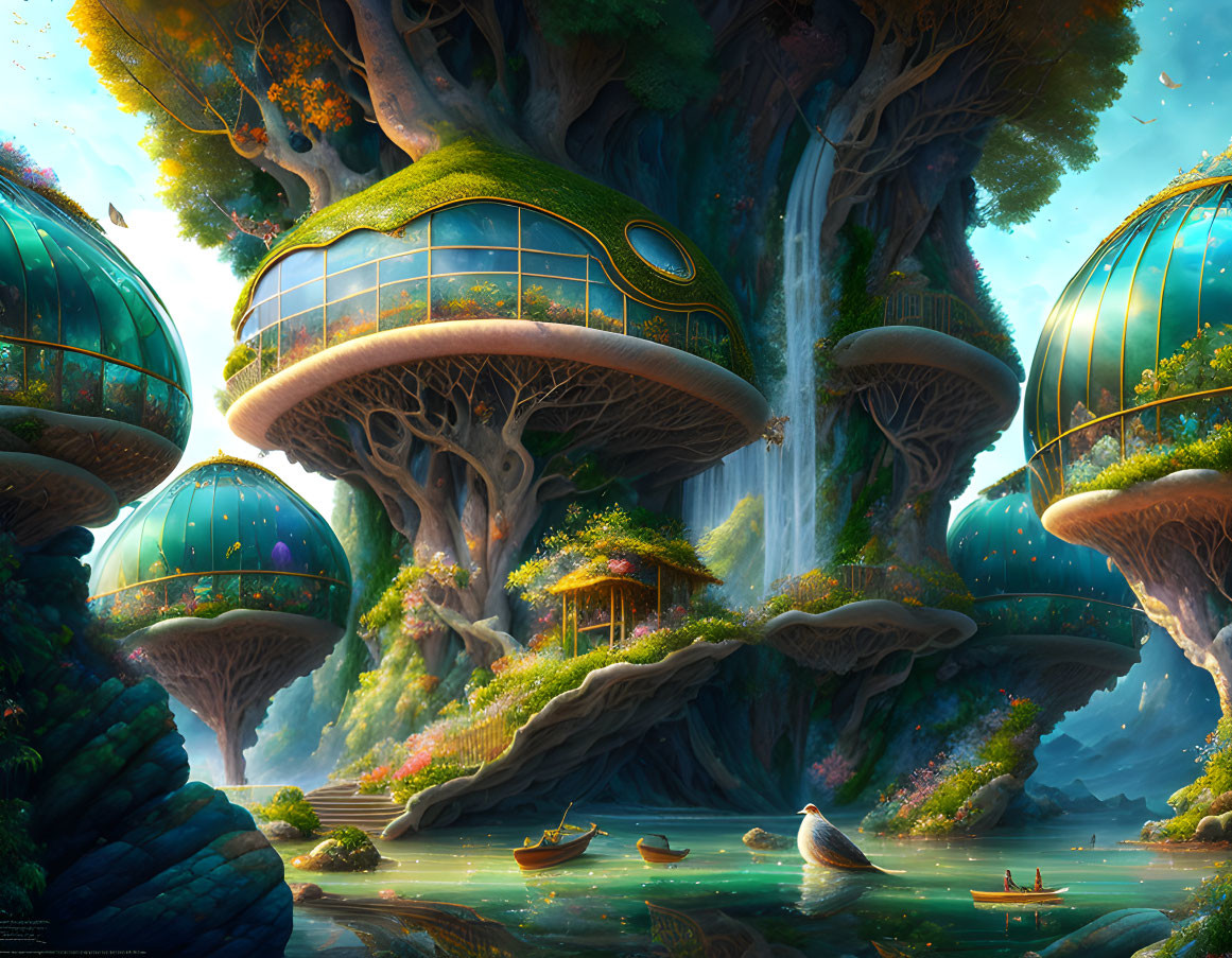 Fantasy landscape with mushroom houses, waterfall, lake, boats, and whale-like creature