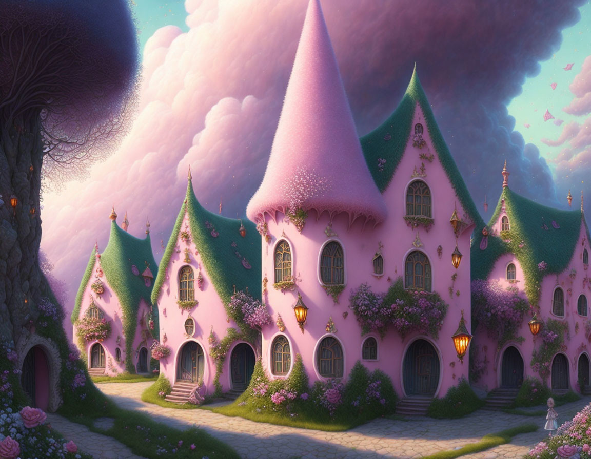 Pink castle with pointed rooftops in lush greenery under purple sky