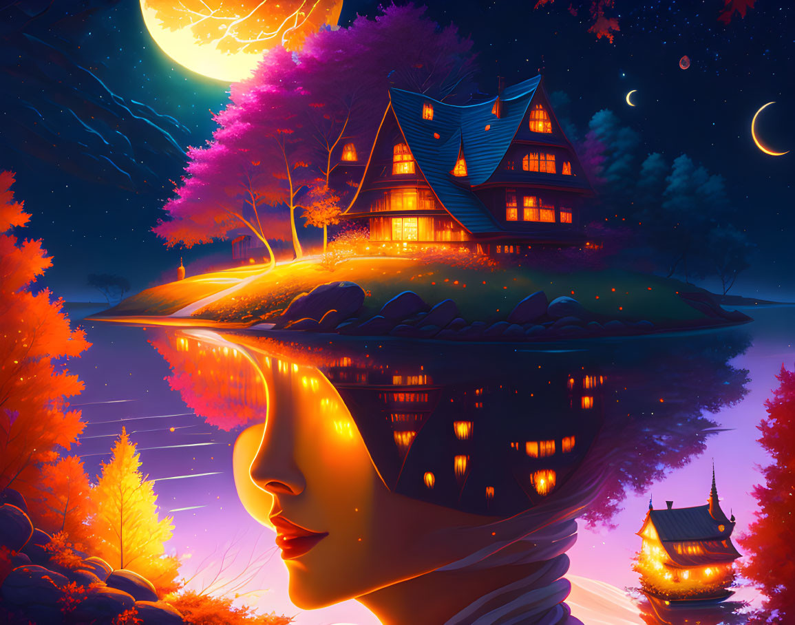 Fantasy landscape with woman silhouette, glowing house, autumn trees, lake, celestial bodies