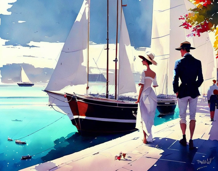 Elegantly dressed couple walking by sailboats on sunny pier