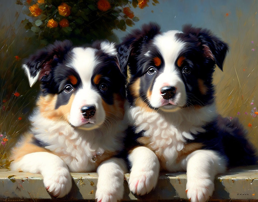 Fluffy Bernese Mountain Dog Puppies with Tricolor Coats in Floral Setting