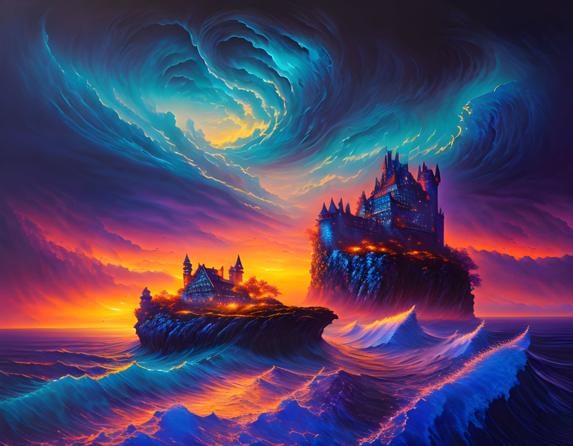 Fantastical night sky above castles on cliff islands with luminous waves