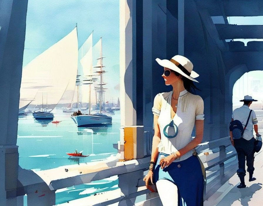 Illustration of woman by the sea with sailboats and bridge