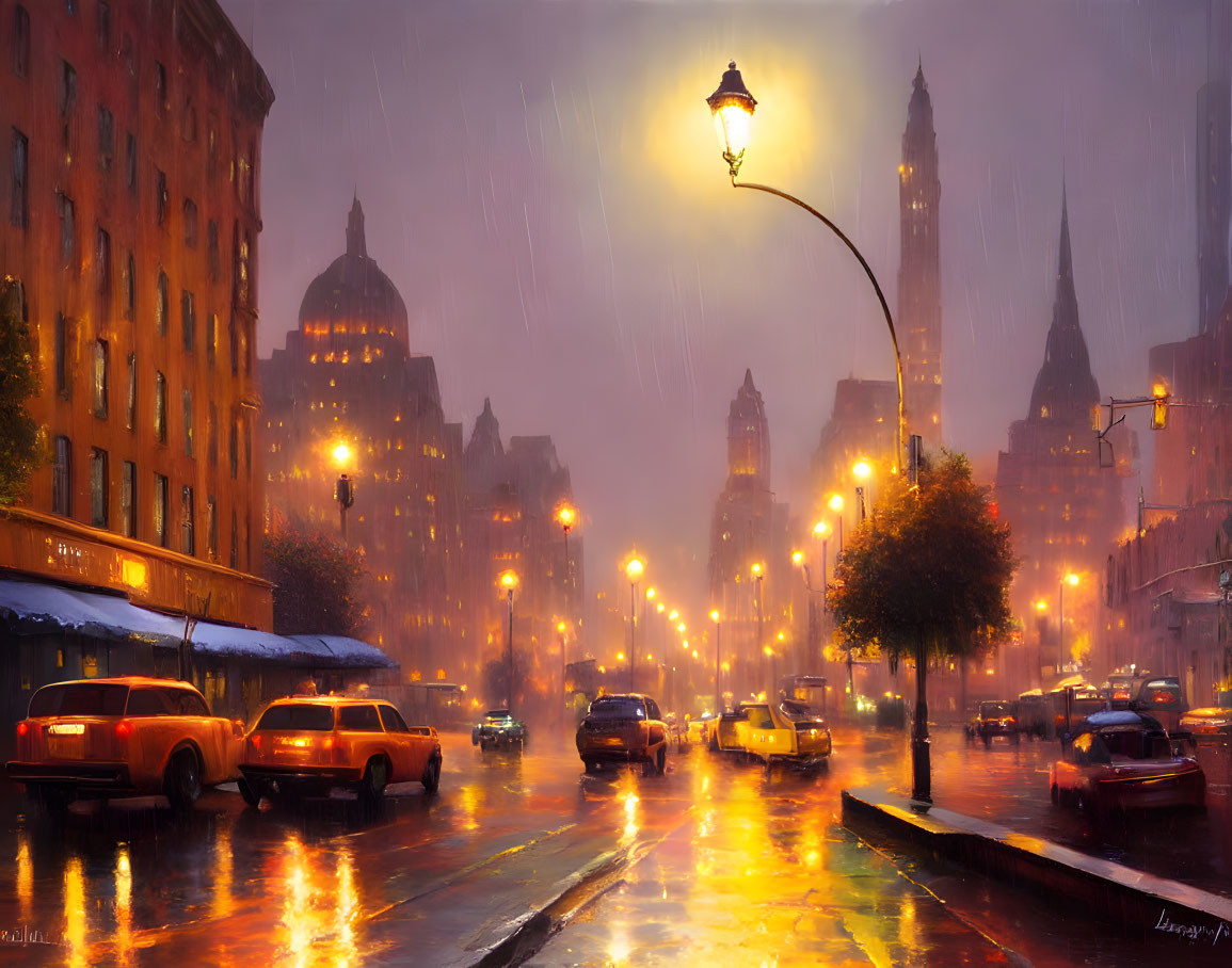 Rain-soaked city street at night with golden street lights, car headlights, and hazy sky