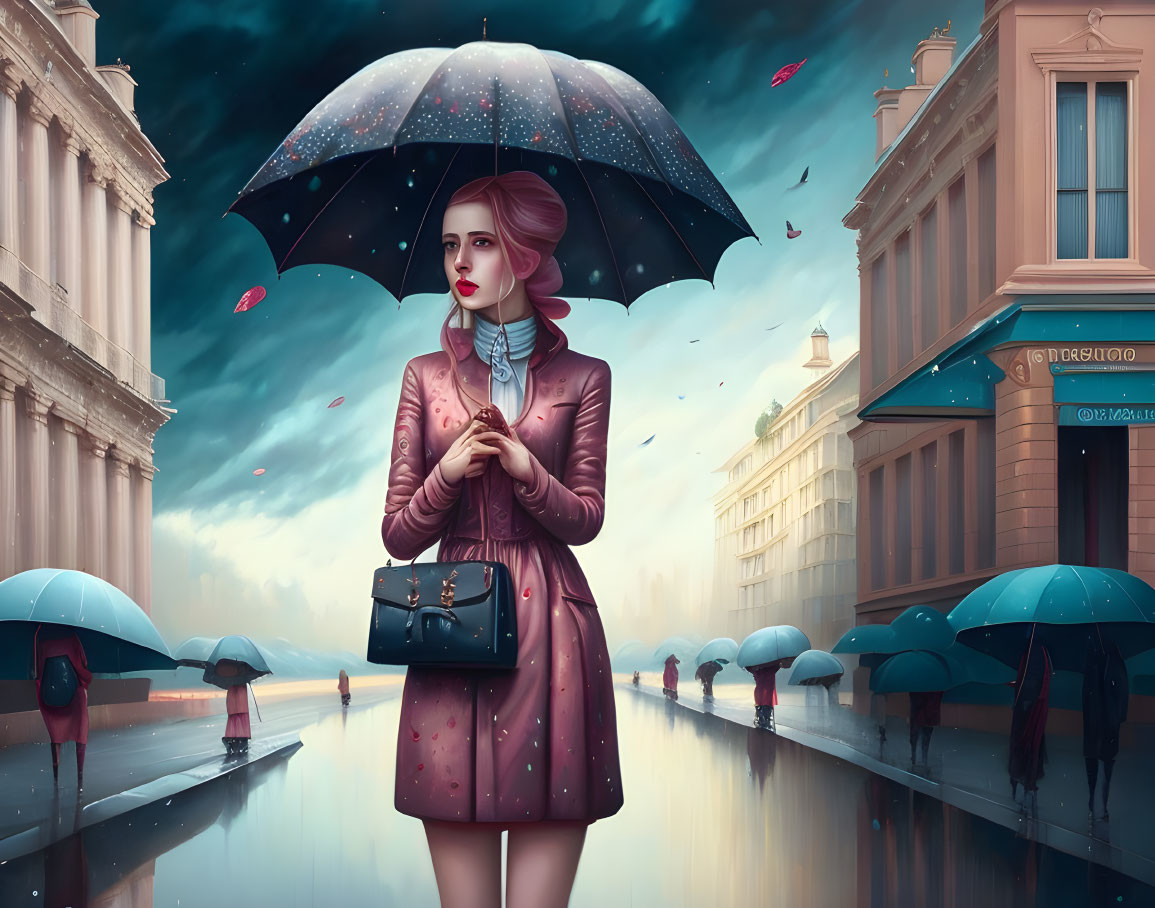 Woman with Polka Dot Umbrella on Rainy Street with Others