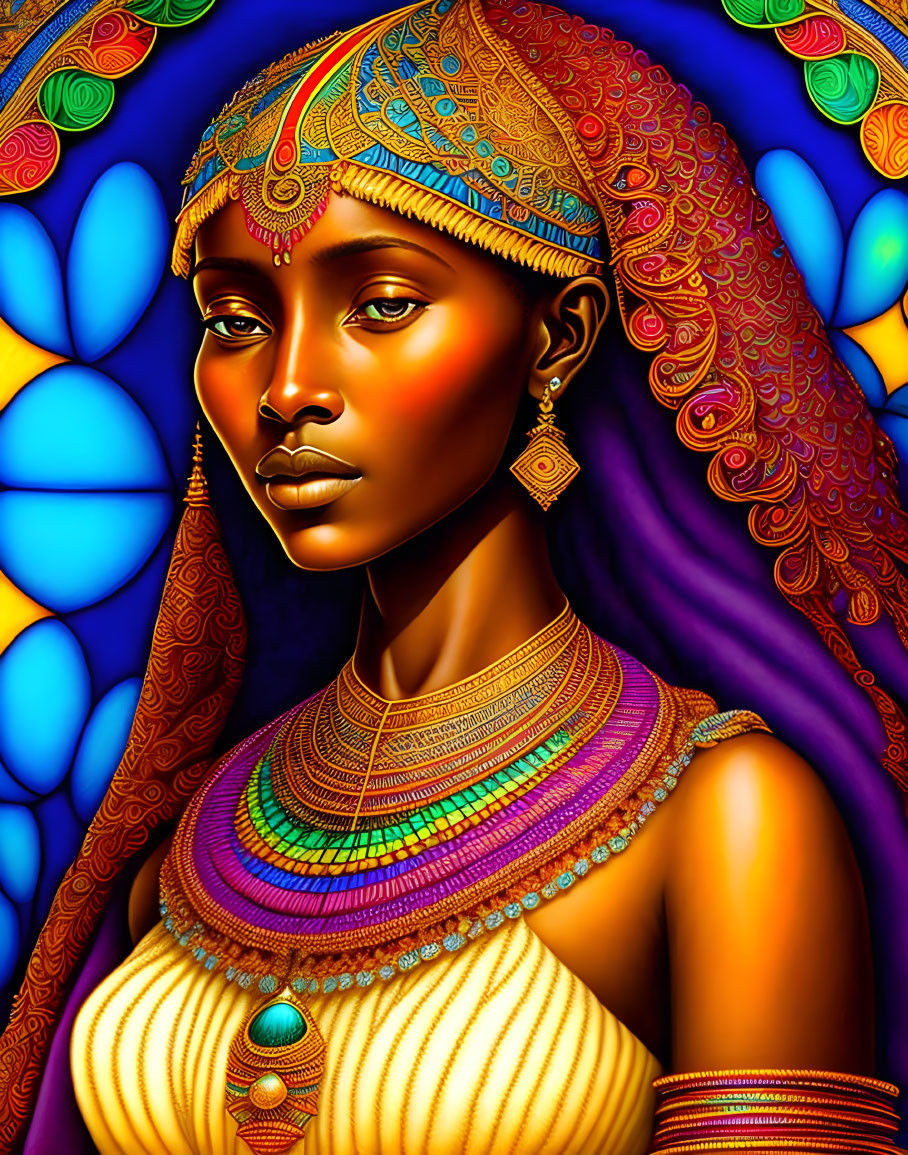 Colorful digital artwork of a woman with golden skin and beaded headdress against stained-glass backdrop