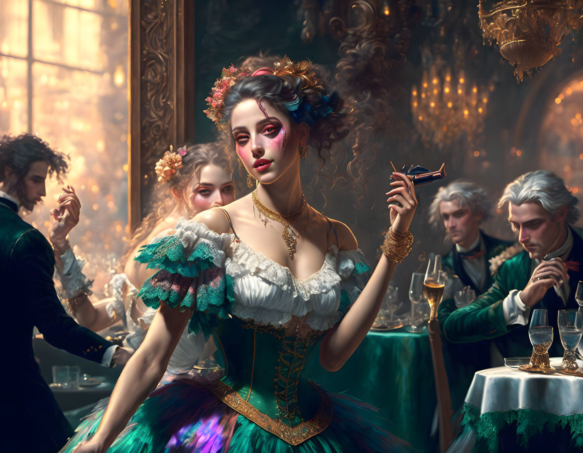 Victorian-era masquerade ball with woman in green corseted gown.