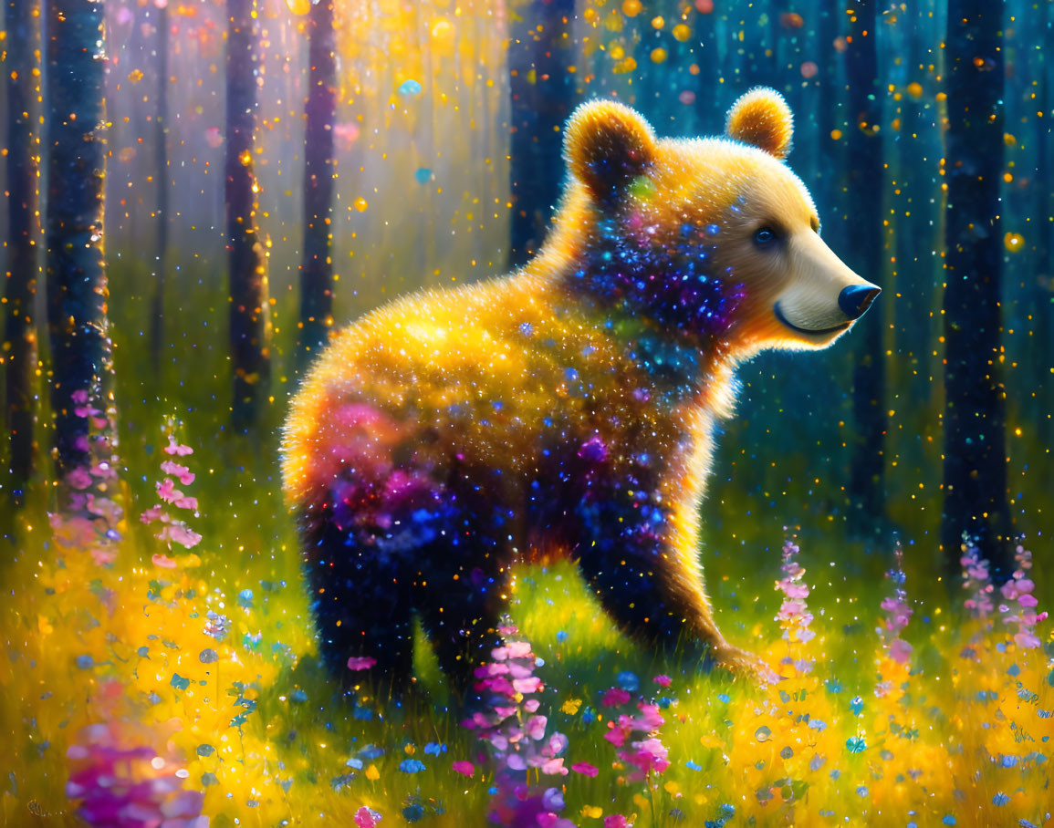 Colorful spectral bear in vibrant flower-filled forest