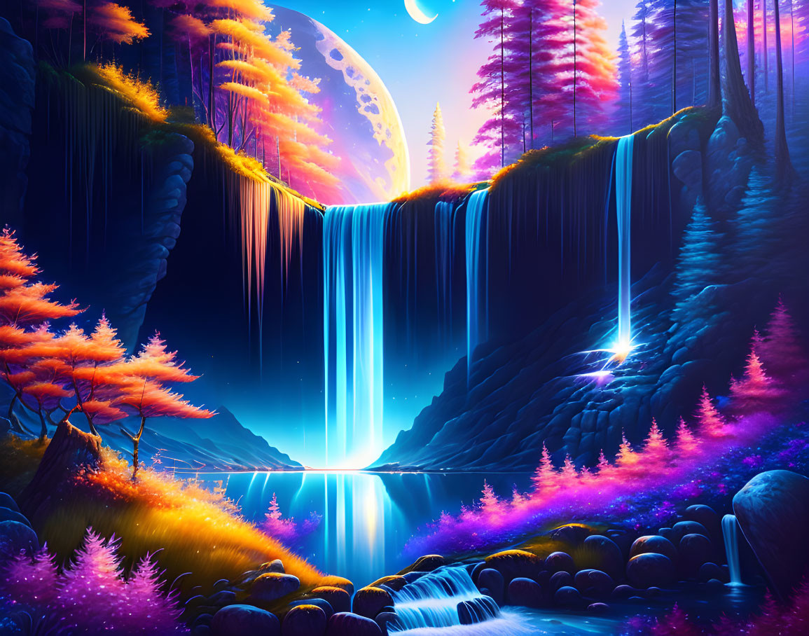 Neon-lit waterfall cascading into serene lake at night