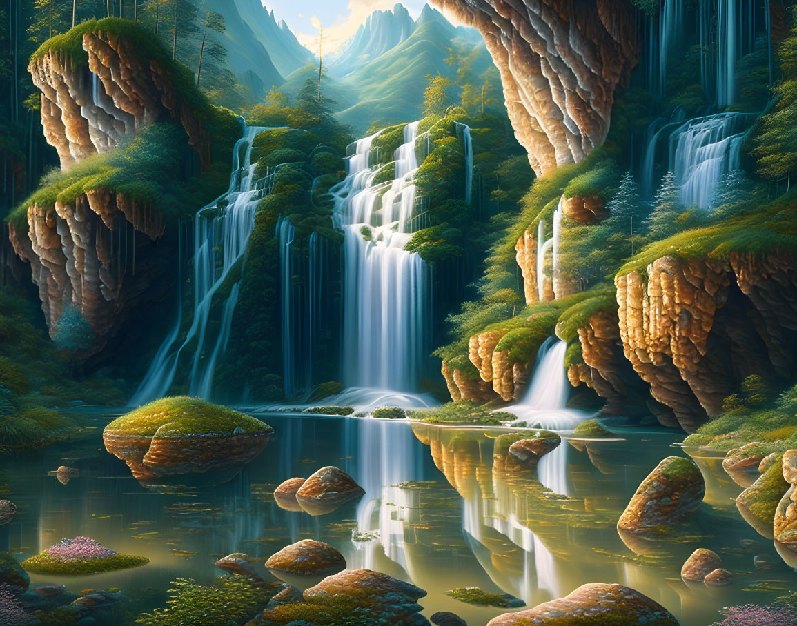 Tranquil landscape: cascading waterfalls, verdant cliffs, lush greenery.