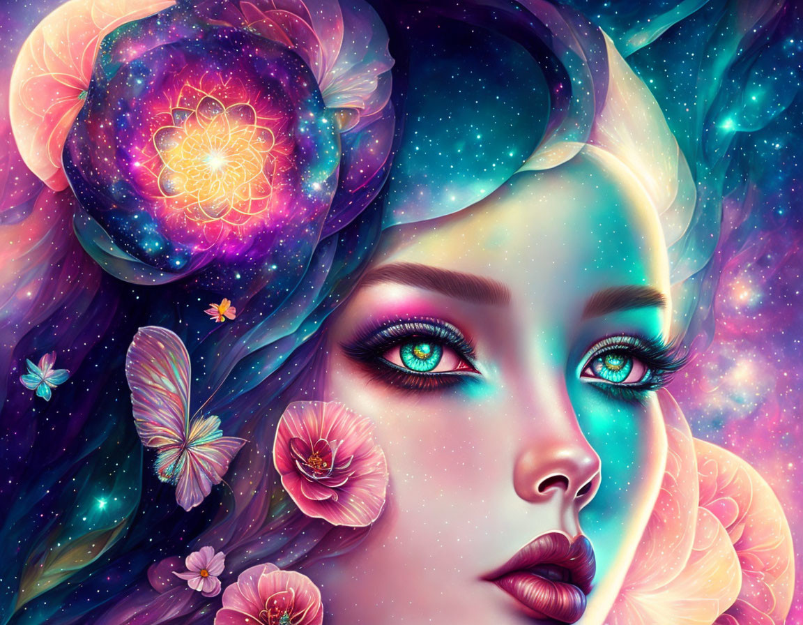 Colorful Woman's Face Artwork with Cosmic and Floral Motifs