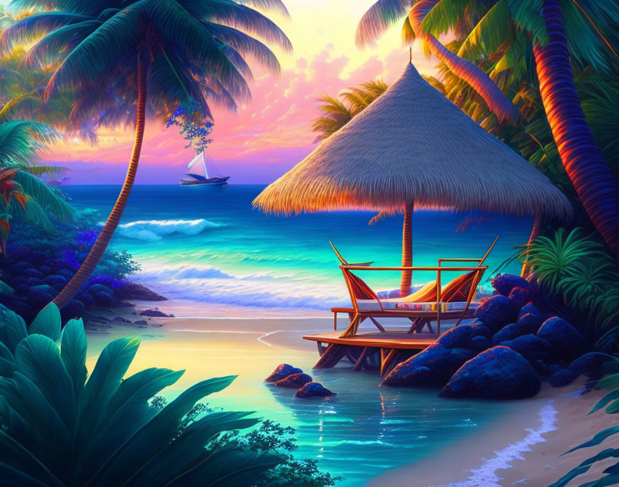 Tropical beach scene with hut, palm trees, and sailboat