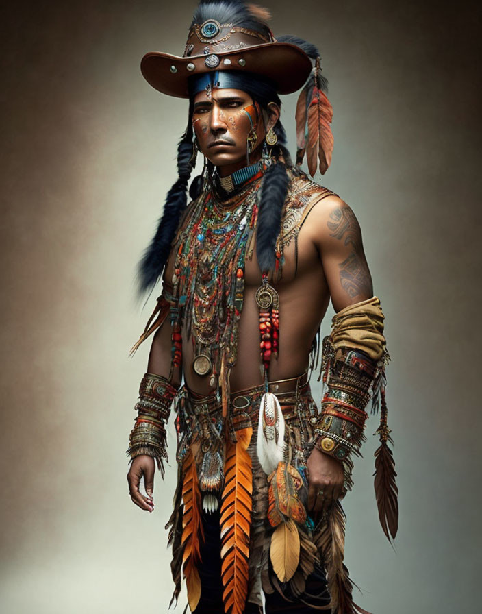 Person in Native American-inspired attire with feathers, beads, and face paint.