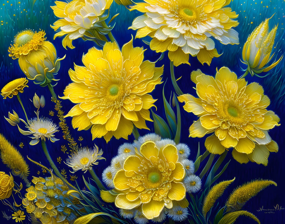 Yellow Flowers Painting on Dark Blue Background with Light Accents