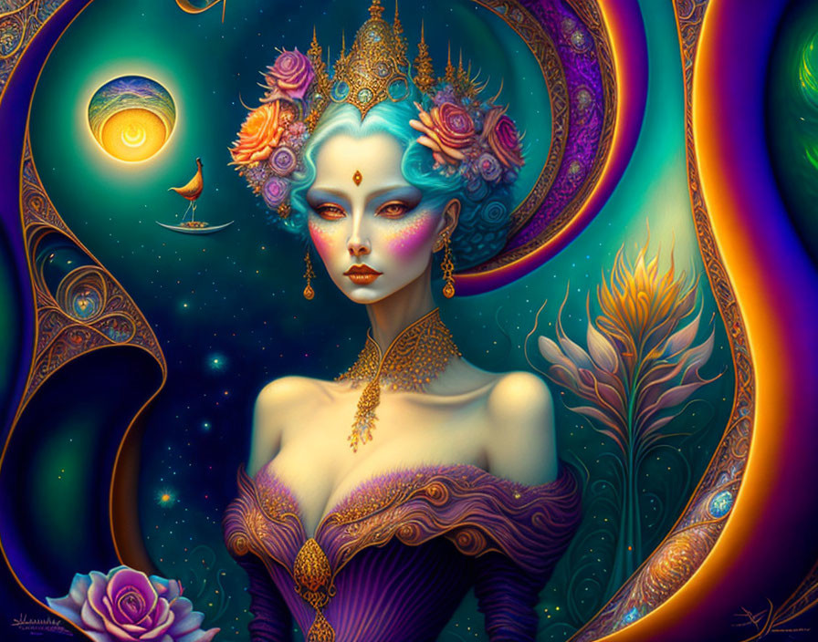 Colorful digital artwork: Woman with blue skin, gold jewelry, cosmic background.