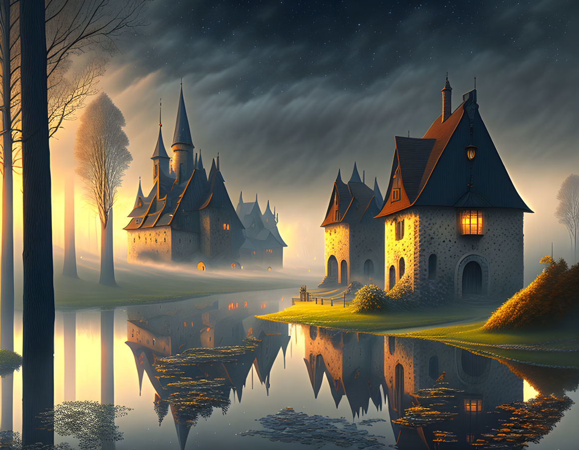 Medieval castles reflected in calm river under starry sky