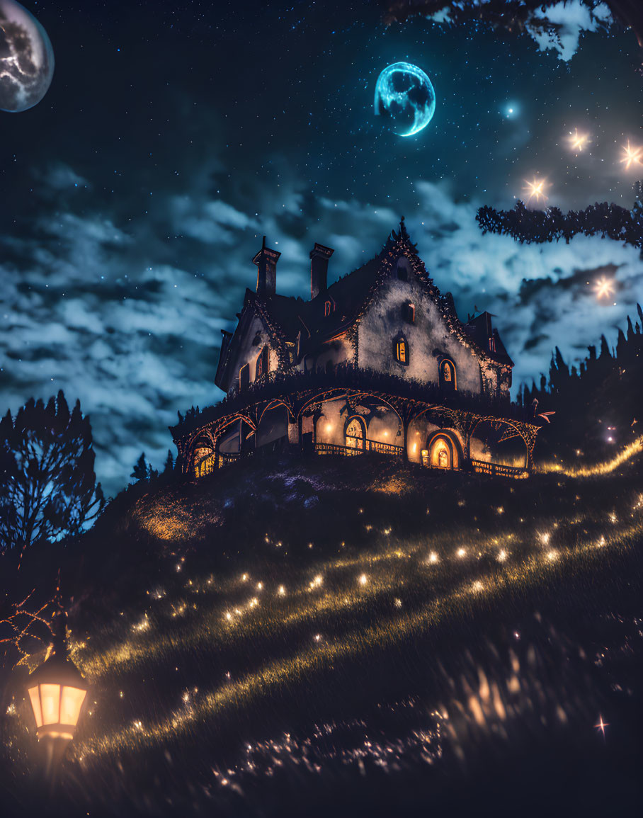 Victorian-style house on hill at night with crescent moon and ringed planet